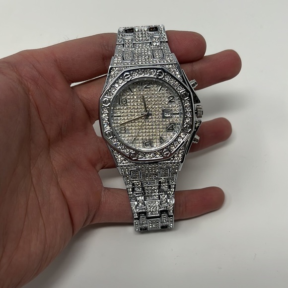 Mens hexagon silver watch cz diamonds stainless steel - Picture 4 of 4